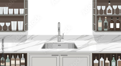 Elegant kitchen counter with marble top, sink, glassware and wine display
