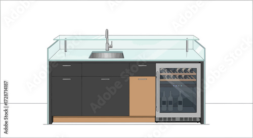 Elegant Kitchen Island Design with Sink and Wine Refrigerator Illustration