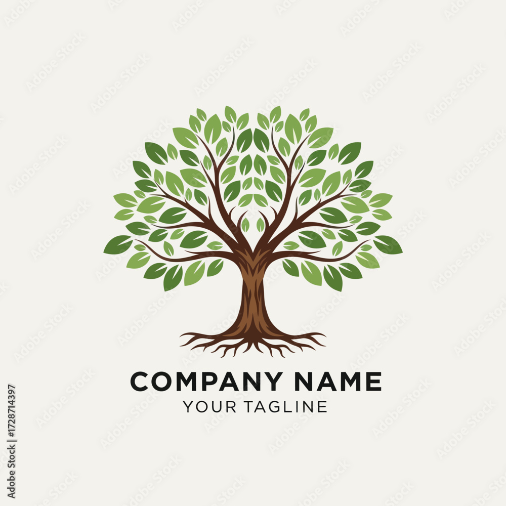 Obraz premium Stylized green tree logo with roots, trunk, and lush foliage on a light cream background, accompanied by placeholder text 'COMPANY NAME' and 'YOUR TAGLINE' for branding and identity design., Flat