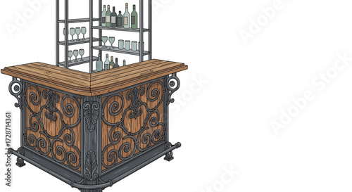 Elegant old-fashioned bar setup with wooden counter and wrought iron details