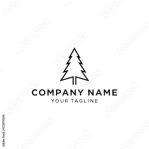 Minimalist Pine Tree Logo Template with Company Name and Tagline on White Background, Clean Art Graphic Design for Branding Identity, Flat Vector Elements, Vector Illustration, Simple Vector,