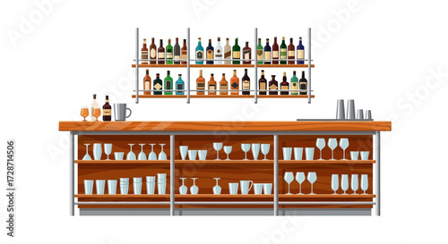 Fully stocked bar illustration with bottles and glasses on shelves