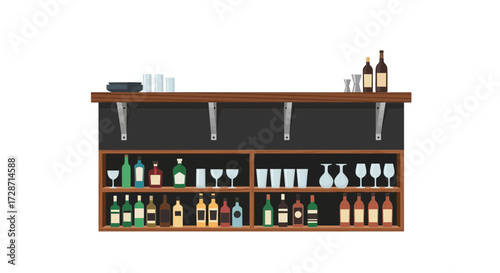 Illustration of a Bar Shelf with Alcohol Bottles and Glassware Selection