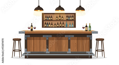 Illustration of a rustic bar interior with wine bottles and bar stools