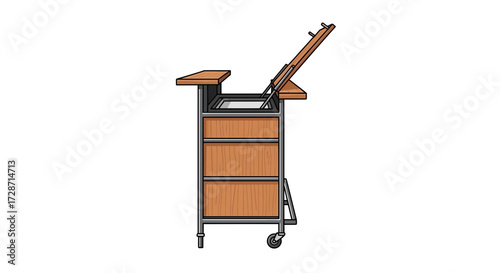 Illustration of a portable wooden bar cart with hinged top and cooler