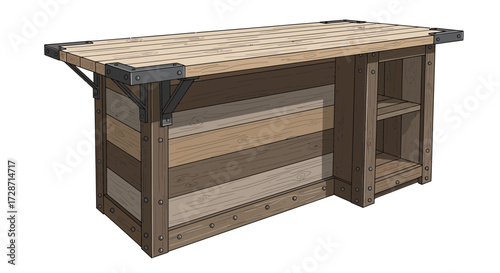 Illustration of a rustic-style wooden bar counter with metal accents and shelves