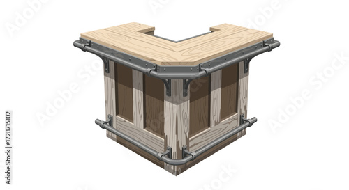Isolated rustic wooden bar counter with metal accents on a white scene