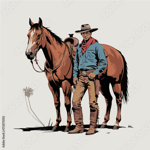 Illustration of a Cowboy in Dynamic Pose with His Horse, Showcasing Western Clothing, Rugged Stance, and the Spirit of the Wild West
