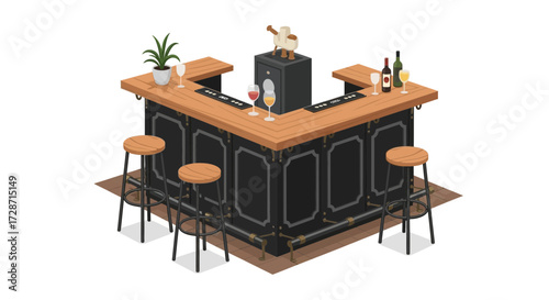 Isometric Bar Counter with Stools and Drinks offers cozy atmosphere