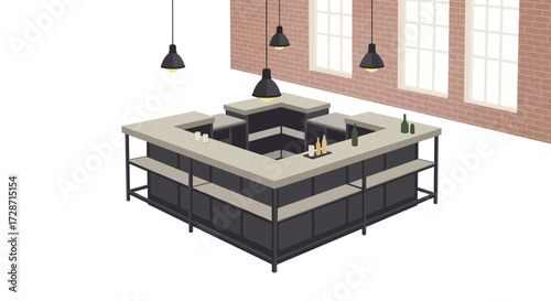 Isometric bar counter illustration with lighting and exposed brick wall