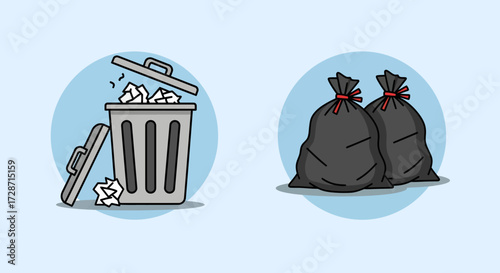 Illustration depicting a gray trash can with crumpled paper and two black garbage bags, symbolizing waste disposal and management.
