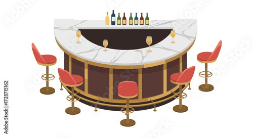 Isometric bar counter with marble top, bottles and red chairs rendering