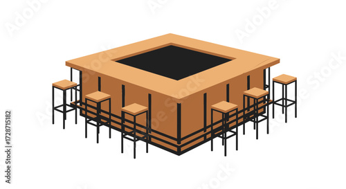 Isometric bar counter with stools illustration for interior design concept