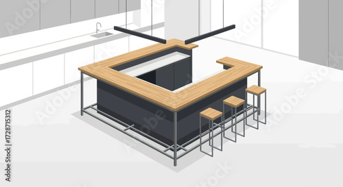 Isometric kitchen island with stools and modern lighting fixture