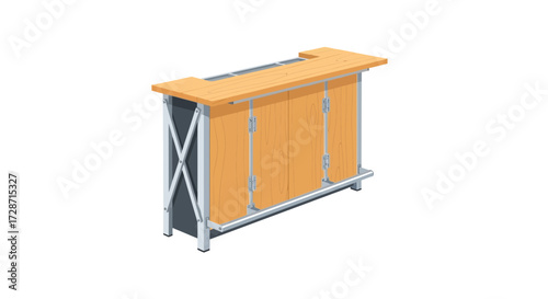 Isometric portable bar counter, wooden and metal construction isolated