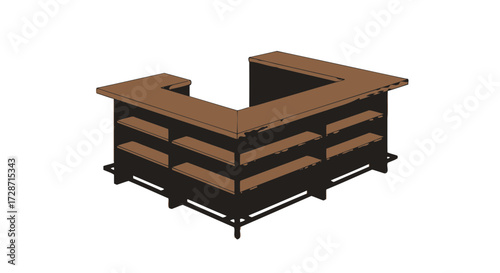 Isometric rendering of a rustic, modular bar with multiple shelves