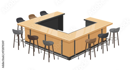 Isometric Rendering of a Restaurant Bar Counter with Empty Stools