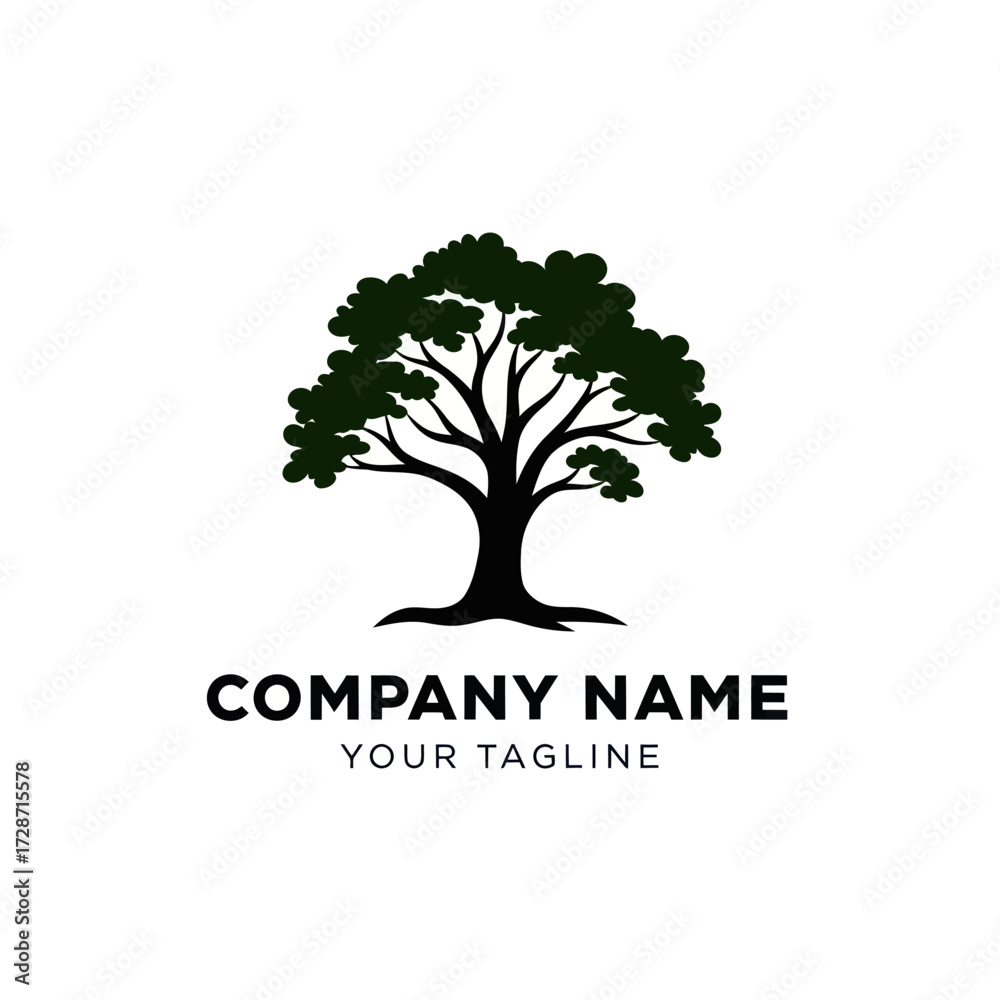 Obraz premium Stylized Tree Logo with Dark Green Foliage and Black Trunk on a White Background for Branding, Flat Vector Elements, Vector Illustration, Simple Vector, Stylized Vector Drawing, Vector Template,