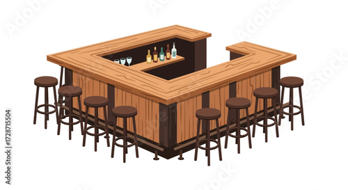 Isometric wooden bar counter with stools and alcohol bottles isolated