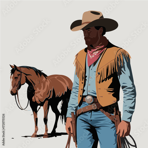 Illustration of a Cowboy in Dynamic Pose with His Horse, Showcasing Western Clothing, Rugged Stance, and the Spirit of the Wild West
