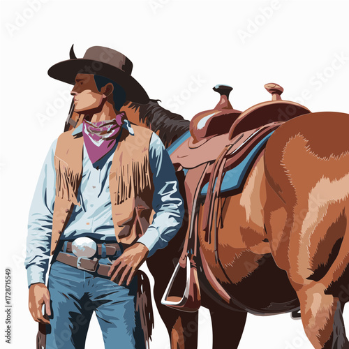 Illustration of a Cowboy in Dynamic Pose with His Horse, Showcasing Western Clothing, Rugged Stance, and the Spirit of the Wild West