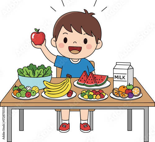 Cartoon boy eating healthy food, holding apple, fresh fruits, vegetables, milk, balanced diet nutrition education, kids healthy lifestyle illustration