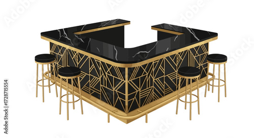 Luxurious art deco bar counter and stools with marble and geometric pattern