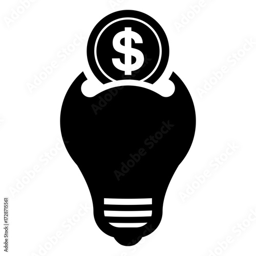 Logo ahorro energético. Icono bombilla led como hucha con moneda de dólar