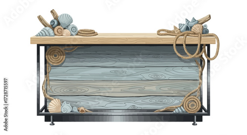 Maritime themed wooden sign decorated with seashells and rope accents