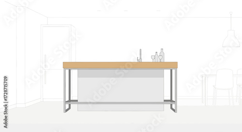 Minimalist kitchen design featuring an island with a wooden countertop