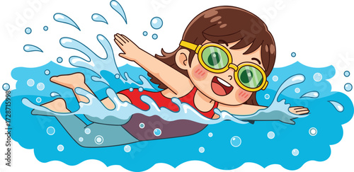 Happy cartoon girl swimming in blue water with goggles, cute child enjoying summer fun, kid learning swimming stroke sport activity