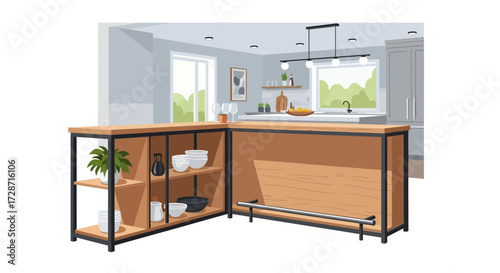 Modern kitchen interior with wooden cabinets and stylish decoration element