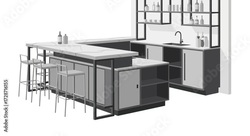 Modern minimalist bar counter with high stools and liquor cabinet setup