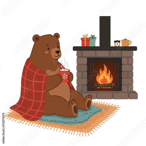A cute bear sits comfortably on a fluffy rug by a crackling fireplace, sipping hot cocoa with a warm plaid blanket, in a charming 2D flat vector illustration.
