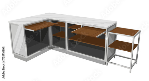 Modern storage structure with marble counter, showcasing shelves and potential uses