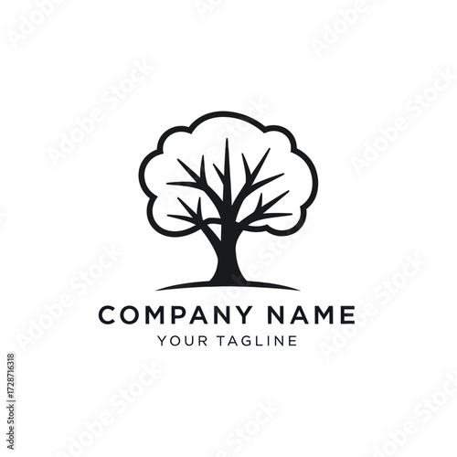 Minimalist black and white tree logo with stylized canopy and exposed branches above 'COMPANY NAME' and 'YOUR TAGLINE' text on a clean white background, Flat Vector Elements, Vector Illustration,