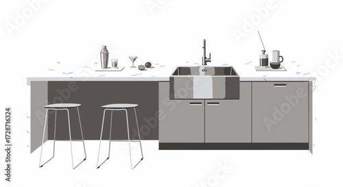 Monochromatic Kitchen Counter with Stools and Beverage Preparation Area