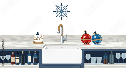 Nautical themed bar setting with ship wheel, sink, and liquor selection