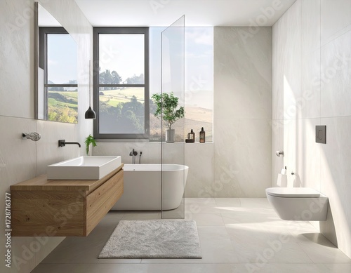 Modern Minimalist Bathroom with Natural Light and Rolling Hills View