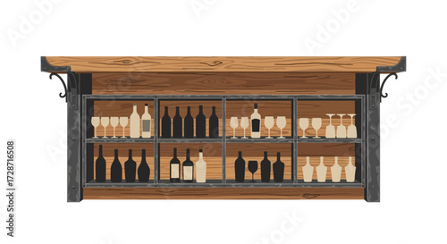 Rustic bar scene with liquor bottles and glassware on wooden shelves