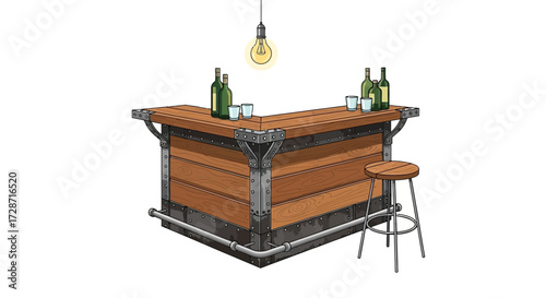 Rustic bar setup with bottles, glasses, stool, and hanging filament bulb