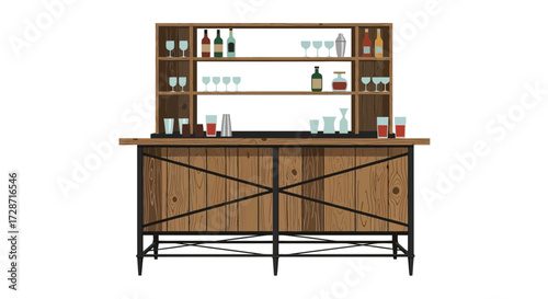 Rustic bar with wooden cabinet, various beverages and glassware displayed