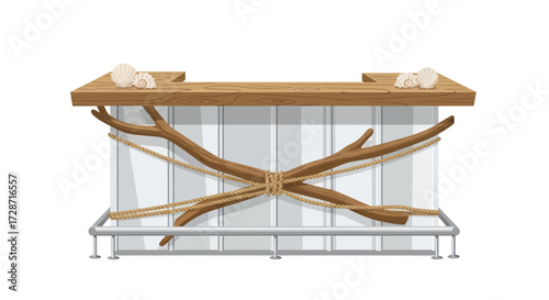 Rustic beach bar illustration with driftwood accents and seashell decor
