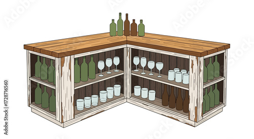 Rustic Corner Bar Unit with Glassware and Bottle Storage Illustration