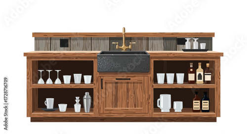 Rustic wooden home bar with sink and liquor storage setup illustration