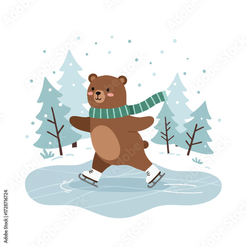 A cute bear wearing ice skates and a warm winter scarf gracefully glides across a frozen pond, captured in a vibrant 2D flat vector illustration with simplified snow-covered trees.