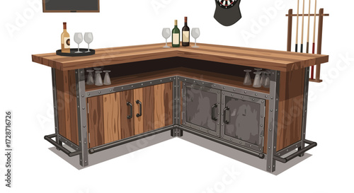 Rustic wooden bar with metal accents and interior storage for a casual setting