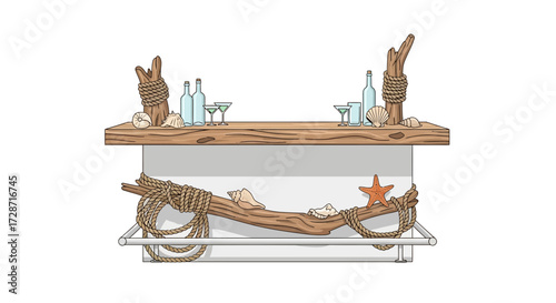 Seaside themed bar setup with nautical decorations and refreshing cocktails