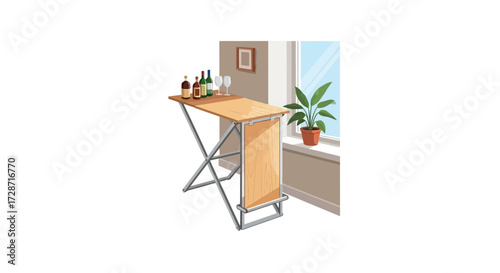 Serene indoor scene featuring a bar table with wines near a window