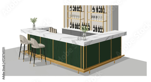 Sophisticated bar interior with marble countertop and plush seating space